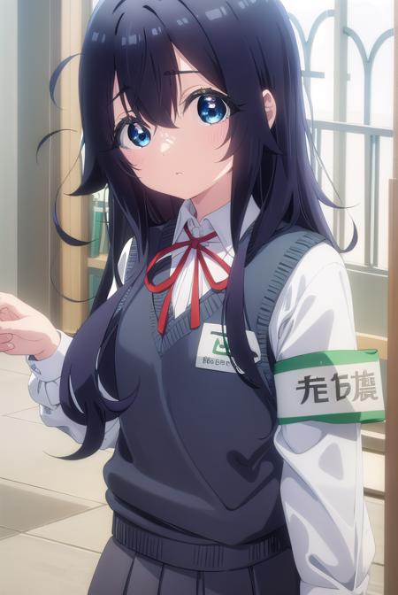 shizukayoshimoto, <lora:shizuka yoshimoto s1-lora-nochekaiser:1>,
shizuka yoshimoto, long hair, bangs, blue eyes, black hair, hair between eyes, wavy hair,
BREAK skirt, shirt, ribbon, school uniform, white shirt, pleated skirt, red ribbon, neck ribbon, armband, sweater vest,
BREAK indoors, classroom,
BREAK looking at viewer, (cowboy shot:1.5),
BREAK <lyco:GoodHands-beta2:1>, (masterpiece:1.2), best quality, high resolution, unity 8k wallpaper, (illustration:0.8), (beautiful detailed eyes:1.6), extremely detailed face, perfect lighting, extremely detailed CG, (perfect hands, perfect anatomy),