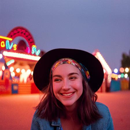 analog style, film, dust, grain, portrait of a woman with a bandana on her head smiling at the camera in a carnival park at night ), city night lights, smiling, posing for a picture , jacket, long_hair, detailed face, <lora:epiNoiseoffset_v1:1>, <lora:ArgieFilm-01:1>