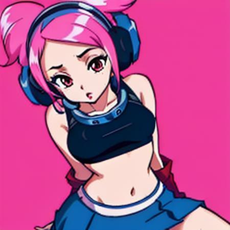 ulala5, masterpiece, best quality, solo, 1girl, high resolution, great detail, pink hair, pigtails, crop top, skirt, headphones, dancing, white outfit, sexy