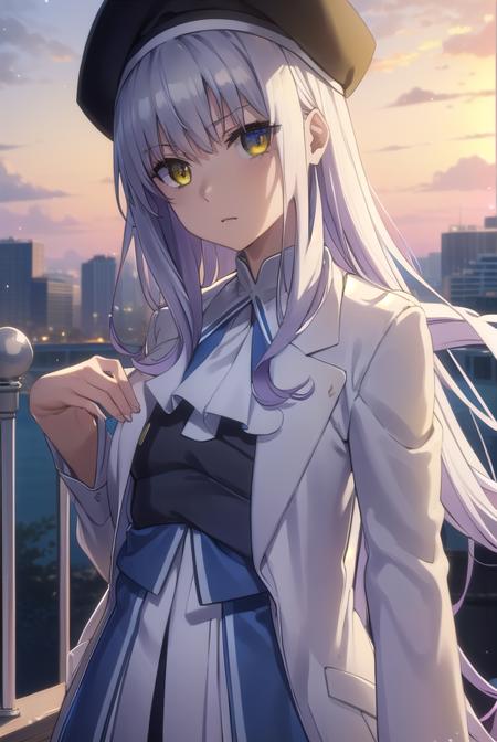 caren hortensia, long hair, (yellow eyes:1.3), white hair, sidelocks, hat, beret, labcoat, (white labcoat:1.2),