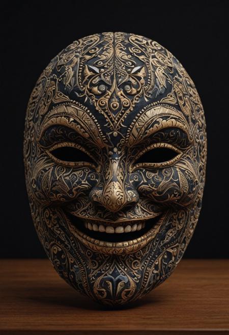 professional 3d model a mask made out of sheets of Batik Fabric on the table, facing viewer, smile, masterpiece, 8k, UHD  octane render, highly detailed, volumetric, dramatic lighting, black background