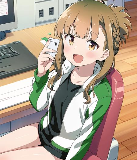 emihara_akane, 1girl, solo, open mouth, looking at viewer, smartphone, chair, sitting, blush, desk, indoors, track jacket, :d, office,  
<lora:hoshikuzu-diag_oft-bundle-30000:1:1:lbw=1,0,0,0,0,0,0,0,0,0,0,0,0,0,0,0,0,1,1,1,1,1,0,0,0,0>, <lora:anyllV4:0.75>