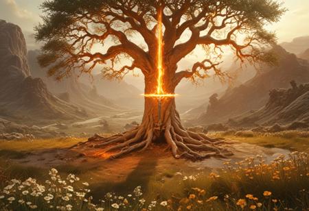 realistic, (fantasy landscape painting:1.2), Tree of Life, Yggdrasil, Christian tree in Eden, combining elements from all mythologies, (biblically accurate supernatural being:1.3), white, enshrouded by light, (holding gigantic flaming sword:1.3), symbolizing defense of Paradise from evil forces, portrayed from (far-out view:1.2), from above, tree as center, magical place, only light source, flowers, grass fields, reflect golden hue, white-robed creature holding sword