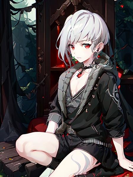 (best quality, masterpiece:1.5), 1boy, solo, <lora:e7Haste-07:.8>, hooded_jacket, choker, boots, shorts, short_hair, stomach, abs, shirtless, forest, green, lush, forest_background, red_eyes