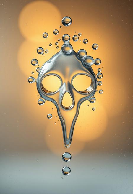 Ultra realistic photo of condensation on glass, capturing an ethereal face-like formation in bubbles, shot with precise focus and shallow depth of field. The main bubble cluster creates distinct facial features - two hollow circular voids forming haunting eye sockets and an elongated opening suggesting a silent scream. Intricate details of water droplets cascade around the central formation, their surface tension creating prismatic light effects. The glass surface is heavily fogged with a fine mist of moisture, creating a dreamy, translucent canvas. Soft, diffused warm lighting filters through from behind, casting gentle shadows and highlighting the delicate water formations. The background dissolves into a creamy bokeh of warm yellows and beige. Multiple smaller bubbles cluster around the main shape, adding dimensional depth and texture. The overall composition evokes the style of abstract portraiture mixed with scientific microscopy. Shot with professional macro lens at f/2.8, inspired by the ethereal quality of Gregory Crewdson's atmospheric lighting. The mood is simultaneously beautiful and unsettling, with the ghostly face emerging from the natural phenomena of condensation., beautiful, vibrant, masterpiece, 32k, ultra-HD, ultra-detailed, amazing quality, amazing artist, sharp edges, detailed textures, full view, atmospheric lighting, amazing visuals. Fantasy landscape