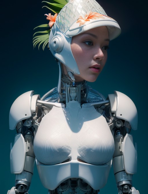 (hawaiian:1.5),complex 3d render ultra detailed of a beautiful porcelain profile woman android face, cyborg, robotic parts...