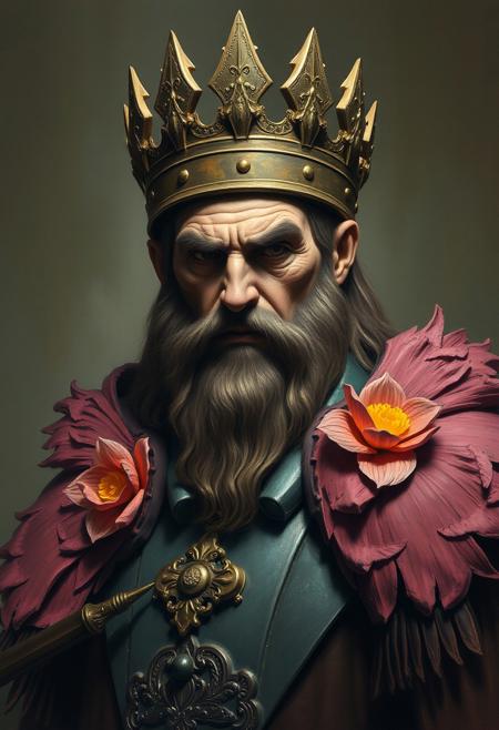 A portrait of a powerful warrior-king, his rigid sculptural form softened by bursts of bright pinks, yellows, and greens
stylized figurative painting, Symbolist influences, muted yet rich color palette, dramatic chiaroscuro, elongated forms, emotional intensity, religious and folkloric themes, Gothic undertones, strong narrative composition, soft yet defined brushstrokes, harmonious balance of realism and stylization, allegorical storytelling, quiet yet powerful visual expression