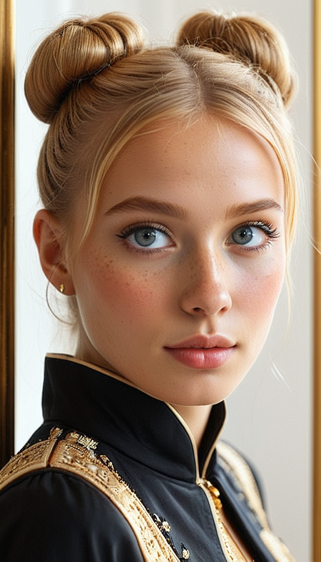 Close-up gorgeous blonde girl face , dark skin, tan, petite, sexy, hot, cute, (bangs:1.1), freckles, light tan, large beautiful eyes, striking large eyes, aligned eyes, mirror eyes, (half smile:1.1), tender beauty, ginger hair,(double bun hair), black Traditional Clothing, gold,
BREAK,
very long lashes, trendy portrait,
tender Aesthetic nose, ears, puffy lips, sensual lips, detailed texture, detailed eyes, detailed skin, clean skin,  black Traditional Clothing, gold,
<lora:Someplastic_b:1>, (ultra sharp focus:1.8), (detailed skin:1.8), (thin lines:1.8), (best quality:1.8),
<lora:Apparatus_-_Traction_City_Walkers_Vehicles:0.7>,
<lora:add-detail-xl:0.7> (ultra sharp focus:1.8), (detailed skin:1.8), (thin lines:1.8), (best quality:1.8),
<lora:glowneon_xl_v1:0.7>