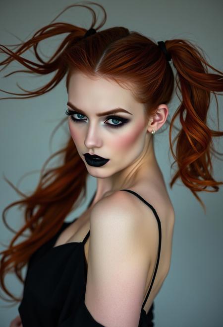 A stunning 25-year-old woman with flowing, fiery red hair styled in long, loose, high pigtails that cascade down her back. Her pale skin is contrasted by dramatic, smoky eye makeup, smudged and smeared with a touch of rebellious sensuality. Her deep, matte black lipstick is smeared across her lips, creating a bold, imperfect look that exudes confidence and allure. She wears a flowing, elegant gothic dress that accentuates her curves. With a sensual yet dominant gaze, she steps forward, inviting the viewer into her world of darkness and allure.