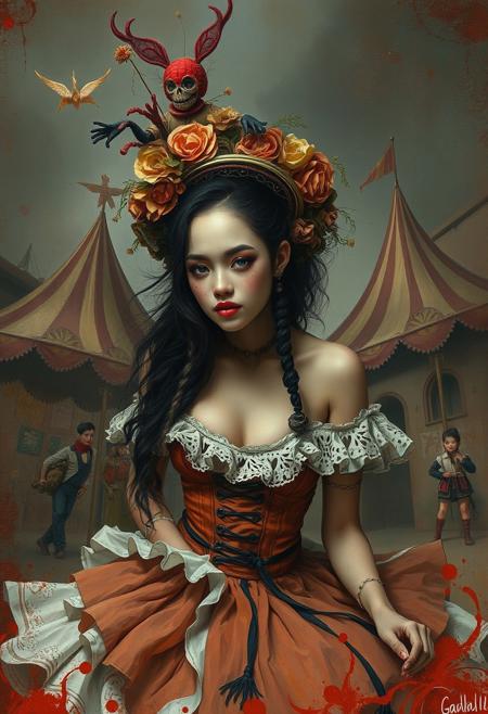 A whimsical circus scene where  fluid, contemporary urban realism meets ethereal literary illustration, powerful female portraiture with atmospheric storytelling, classical oil technique fused with delicate watercolor textures, street art aesthetics blended with gothic romanticism, rich earthy tones layered with soft muted pastels, expressive brushwork and intricate costume detail, textured urban settings with fairytale undertones, emotional realism meets dreamlike composition, cultural identity portrayed through poetic environments, symbolic backgrounds with moody light, narrative portraiture infused with mystery, realism and fantasy in intimate balance