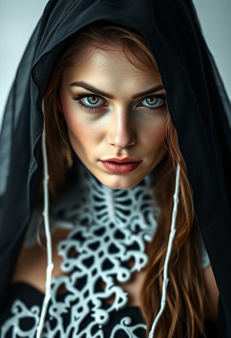 A head and shoulders portrait photo of a woman dressed as Death, very beautiful, mesmerizing, piercing eyes, staring deep into the camera, 8k