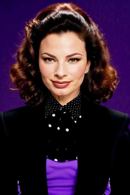 beauty photo headshot of a simple young modern female
<lora:FranDrescher_SD15_v1.0:1> FranDrescher in an avante garde purple (polka dot print:1.1) power suit with black frilly blouse a (smirk:1.3)
in a dark theme simple  black background, RAW, analog style, sharp focus, 8k, ultra high resolution, DSLR, high quality, Fujifilm XT3, film grain, award winning, masterpiece