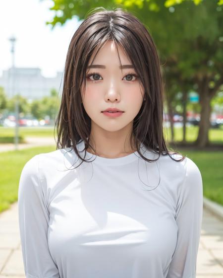 pureerosface_v1:0.3, best quality, photorealistic, 8k, high res, full color, 1girl, woman, 20 years old woman, (closed mouth:1.73), (skindentation), (portrait:0.6), trees, park bench, daylight, ((park background:1.52)), full color, (officeshirt:1.68), looking at viewer:1.8, (1girl eyes looking at viewer:1.55), (long hair, brownhair, partedbangs:1.45), (bokeh), <lora:AAG-yamada:0.65>