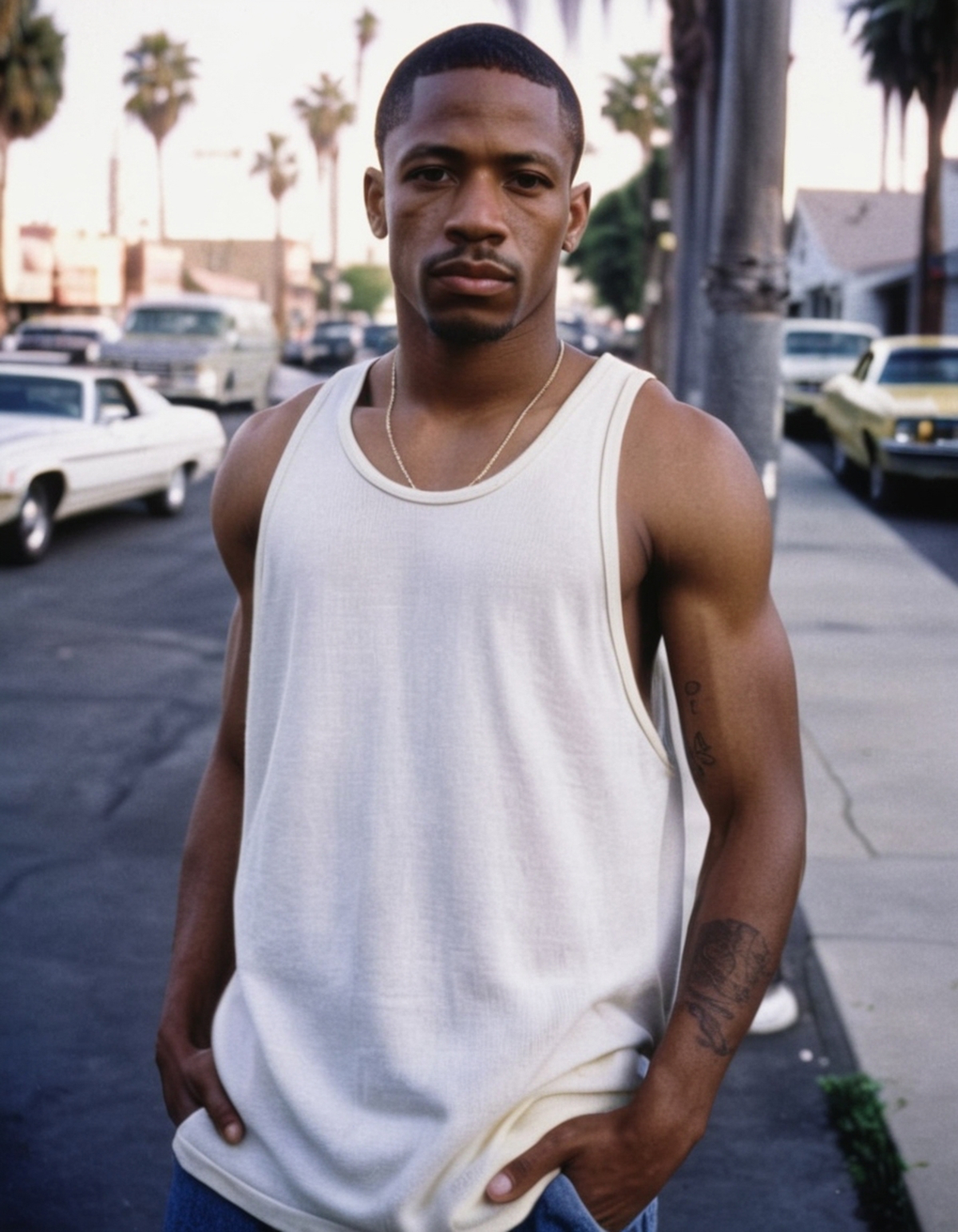 Man in White Tank Top and Necklace Standing on Sidewalk.