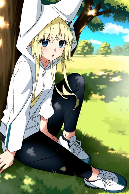 1girl, konjihen, kon, hoodie, leggings, hood, blonde hair, blue eyes, sneakers, grass, tree, park