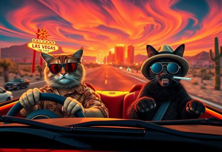 (((PERSPECTIVE FROM THE SIDE OF THE CAR))) of Two cats in a red convertible speeding down a desert highway toward a neon-lit Las Vegas skyline. The scene mirrors the iconic ‘Fear and Loathing in Las Vegas’ shot, but with feline travelers. (((The driver, a scruffy tabby in oversized aviator sunglasses and a Hawaiian shirt, grips the wheel with a wild expression. The passenger, a sleek black cat in a bucket hat and round tinted glasses, leans back with a smug grin, a cigarette dangling from its mouth and paws gesturing as he talks))).  Windshield visible with glowing luminescent bugs on it, ((perspective looking from the driver side)), exaugurated eyes and smile, smoking a joint, 
The environment is infused with psychedelic energy—distorted road signs melt into the horizon, the sky swirls with surreal colors, and cacti appear to sway and stretch. The desert landscape warps in a heatwave haze, while neon reflections shimmer in the car’s chrome details. The perspective is exaggerated and chaotic, capturing the frenetic, trippy atmosphere of the original scene in a humorous and feline twist.