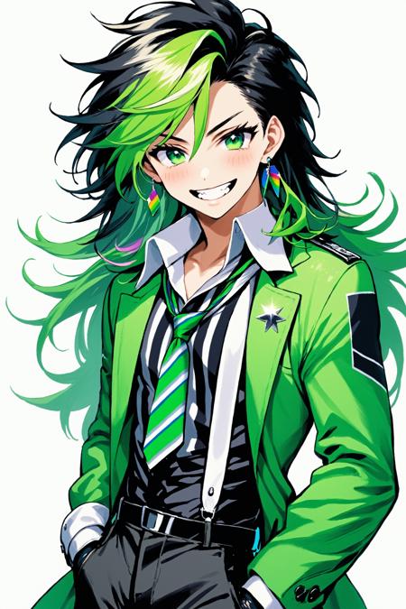 Niji Pride,  solo,  long hair,  looking at viewer,  blush,  smile,  simple background,  shirt,  gloves,  long sleeves,  1boy,  white background,  jewelry,  green eyes,  jacket,  male focus,  cowboy shot,  earrings,  green hair,  necktie,  teeth,  black gloves,  striped,  collared shirt,  belt,  pants,  fingerless gloves,  grin,  coat,  hand on hip,  sparkle,  colored skin,  scar,  black pants,  suspenders,  sharp teeth,  striped shirt, <lora:EMS-51678-EMS:0.800000>