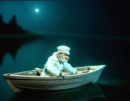 soviet cartoon, style of zyablikova, puppet, stopmotion, stop motion, a man in a white outfit is in a boat, night, extremely detailed digital painting, in the style of fenghua zhong and ruan jia and jeremy lipking and peter mohrbacher, mystical colors, rim light, beautiful lighting, 8 k, stunning scene, raytracing, octane, trending on artstation <lora:zyablikova_style:.05>