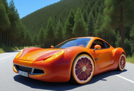 vibrant colors, shiny_skin, prefect lighting, detailed image, snoozing, masterpiece, best quality, highly detailed, ultra quality, 3DMM, 
blood orange style, made of blood oranges, 
(Sports car), 
On the road, outdoors, forest, trees, nature, rocks, mountain, day, blue sky,