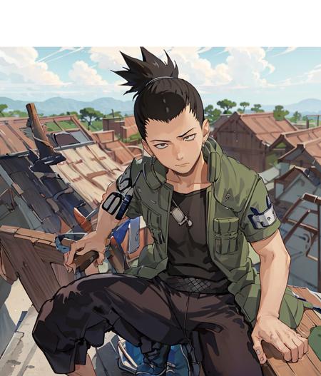 Nara_Shikamaru, 1boy, solo, leaning on a wall, on a balcony, beautiful sky