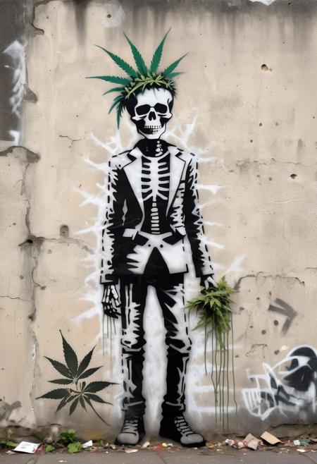 <lora:Banksy Style:1> Banksy Style page, banksy stencil print of a gangster punk skeleton wearing a marijuana leaf  crown, leaning against a wall,    simple background, ,