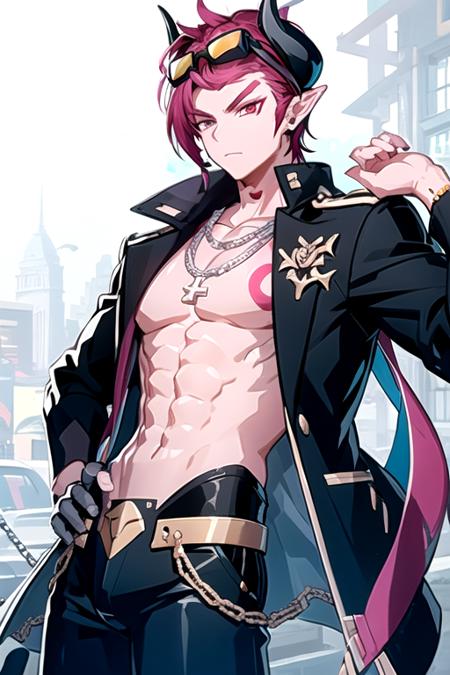 <lora:DioBurningCanyon-08:0.7> ,diogc, solo, looking at viewer, short hair, red eyes, 1boy, navel, jewelry, closed mouth, jacket, pink hair, male focus, red hair, earrings, horns, pointy ears, pants, necklace, tattoo, muscular, chain, abs, sunglasses, cross, pectorals, muscular male, demon horns, eyewear on head, topless male, arm tattoo, cross necklace, demon boy