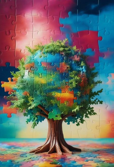 8k, analog photo, ((puzzle_morph_rks)), novuschroma53 style, plastic puzzle toy, One green tree on the sphere like planet earth in air, space of nebula, mix of colors psychedelic abstract background,