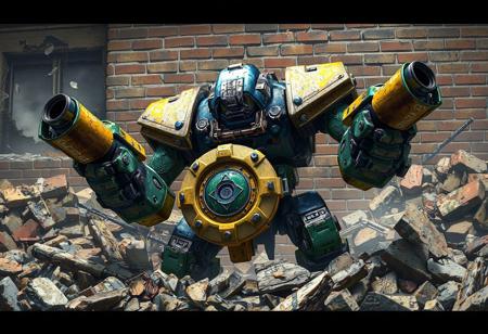 Epic Ancient Gear Golem amidst rubble, blue, green, yellow robot with arm cannons. Brick wall backdrop, broken window. Destruction, resilience. 4K, octane render, Unreal Engine 5, dynamic action pose, vivid emotions, Raphael & Houdini style. Trending on Artstation, CGSociety, splash ink illustration, golden ratio, immaculate matte painting, detailed face, balanced editing, attractive background, lifelike, handcrafted, trending on ArtstationHQ, harmonious colors.