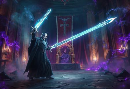 A lich, holding a holy sword emitting dazzling light, stood in the center of the palace hall, fighting against the demon king.
The Demon King was clad in a dark robe, his eyes flashing scarlet light, and his body was surrounded by twisted dark purple magical energy.
The background of the hall is a broken imperial flag and a toppled throne, with dark demonic energy seeping out from the cracks in the ground.
The lich has a cold skull face and is dressed in a robe glowing with blue light. He holds a holy sword high in his hand, and the blade is engraved with ancient runes, emitting pure power of light.
The whole picture is full of tension and epic feeling, with strong contrast between light and dark, symbolizing the ultimate showdown between the lich and the devil.
FHD, Rich in details, masterpiece.
