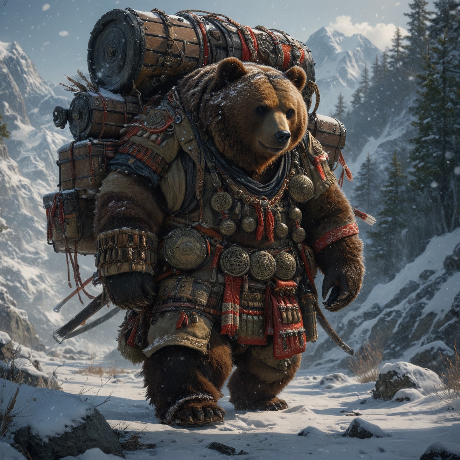 cinematic film still , a bear with a large amount of gear on its back walking through the snow-covered ground in a snowy l...