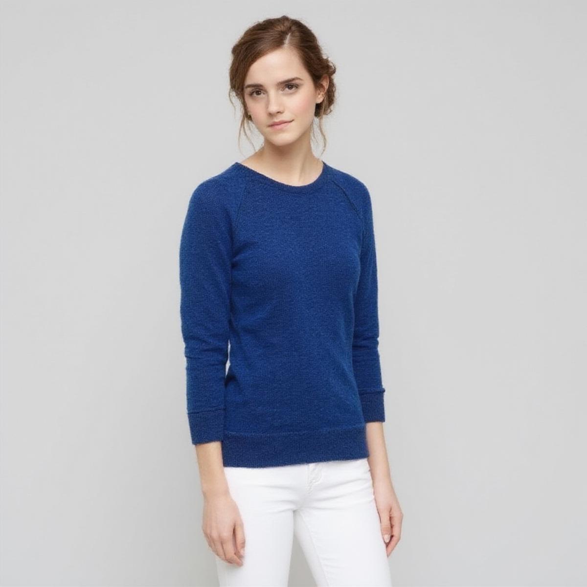 3mm4w, a photo of a woman wearing a blue sweater and white pants