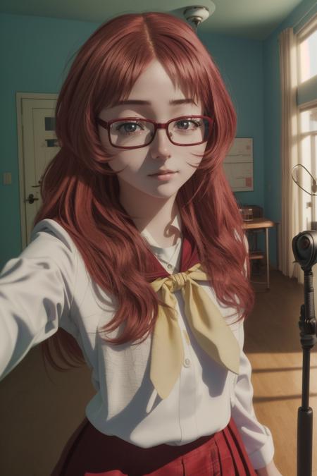 1girl, (masterpiece:1.2), highres, high quality, (perfect face and eyes:1.3), (textured skin:1.2), (solo), original, (wallpaper), mie, glasses, long hair, serafuku, sailor collar,yellow neckerchief, white shirt, (purple eyes), school uniform, red skirt, red hair<lora:mie-08:0.7> , (pov:1.2), (selfie:1.3), room, glasses