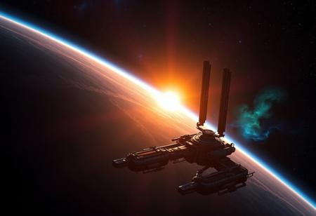 (8k, best quality, masterpiece:1.2), ultra-detailed, Masterpiece, realistic lighting, long-range perspective, maintenance-ring, futuristic epic Space station, beautiful colorful lighting as the sun peaks out from behind a planet. its atmosphere creating a beautiful golden crescent shape. some stars should be visible as well as a teal and purple nebula in the distance.