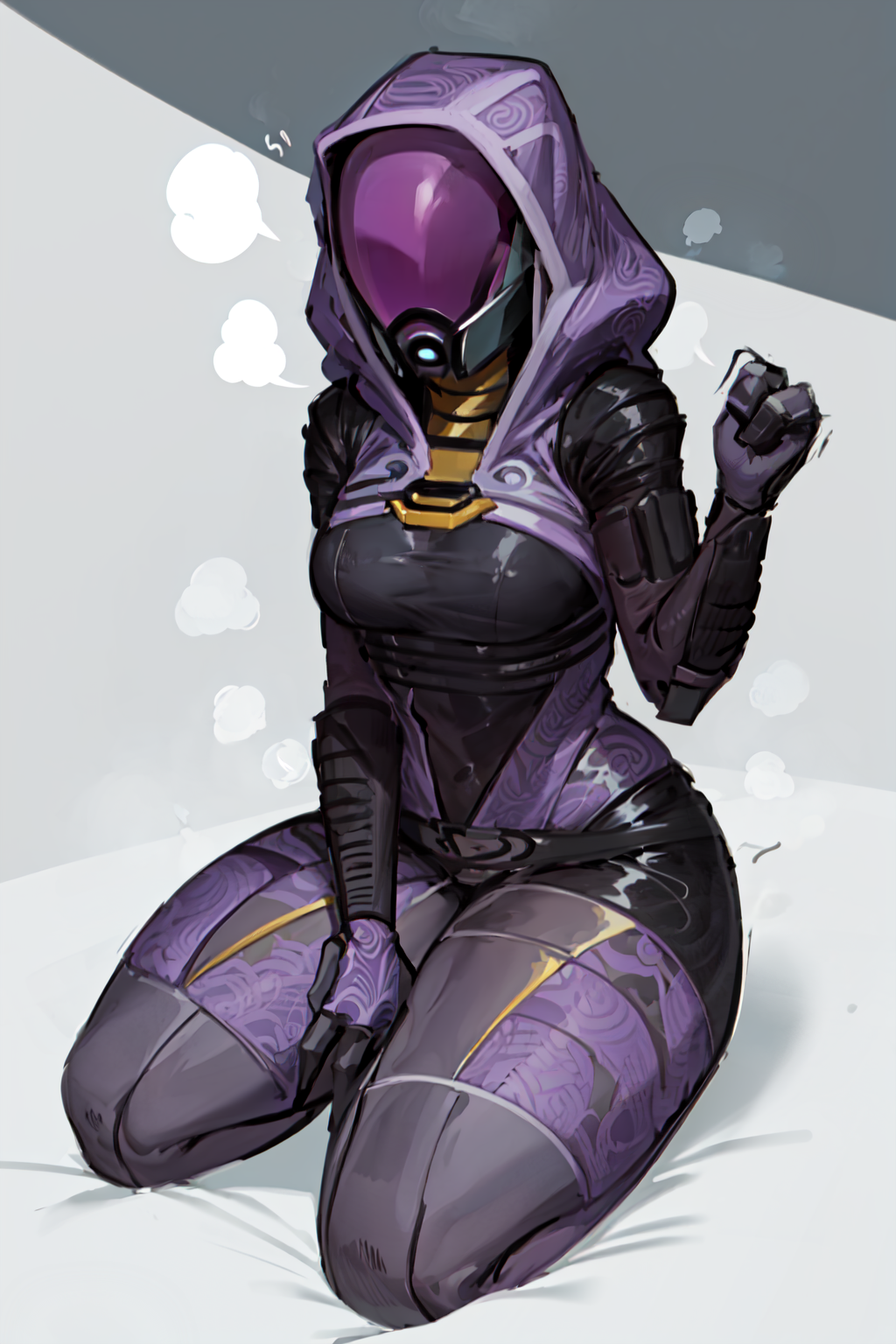 tali, 1girl, solo, hood, purple bodysuit, mask, (helmet, faceless), hood up, alien