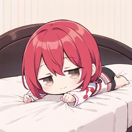 <lora:hotarueye_jitome14_v100:1>, 1girl, (chibi:1.4), smile, closed mouth, dynamic angle, lying on bed, , red hair, indoors