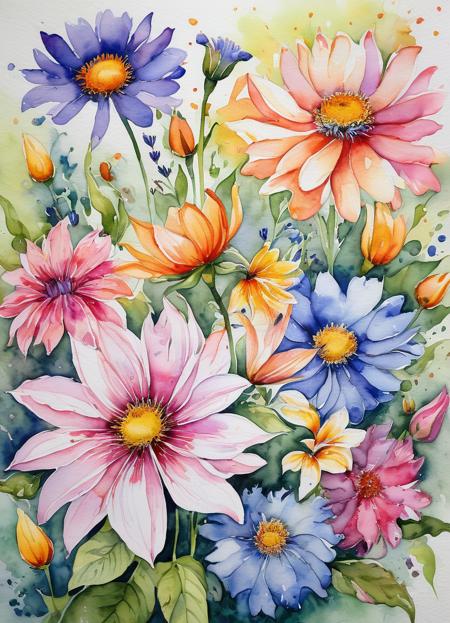 watercolor painting, flowers, extremely detailed, colorful