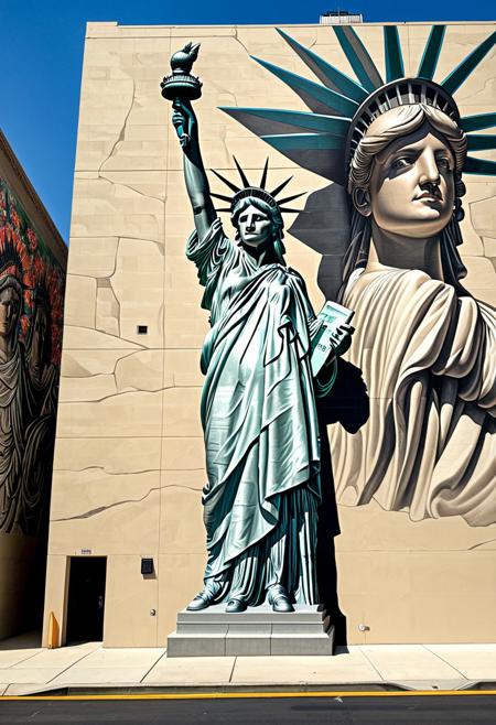 masterpiece art, tall highrise housing, the projects highrise, front view of beige color flat concrete wall with (colossal mural painted on wall:2.0), (hyper realistic painting of the Statue of Liberty also known as Lady Liberty:2.0), she is standing tall, wearing a her famous robe with beatiful intricate creases, though this image of her has been modified with alterations, she has black gaffer tape or black duct tape covering her eyes (see no evil), she has placed her beautiful hands with elegant fingers covering her ears on either side of head (hear no evil), she has black gaffer tape or black duct tape covering her mouth so she cannot speak (speak no evil), 2 feet visble, she has dropped the torch and the torch has fallen outside of the wall and onto the street below, the famous Liberty torch with a short handle is lying on it's side on the ground, surrounding the fallen torch are cracks in the street, with long shadows casted. ArsMJStyle, Colored pencil hyperdetailed realism, in the style of tim doyle,  solarizing master, agustín fernández, poster art, Smooth Quality