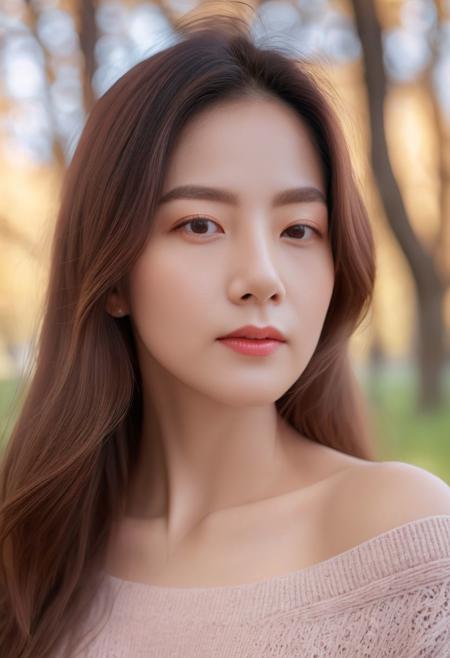 Beautiful woman, high detail, portrait, elegant, delicate features, emotional expression, masterpiece, 8k resolution, Extremely high-resolution details, realism pushed to extreme, fine texture, incredibly lifelike, looking at viewer, solo focus, realistic, photorealistic, cinematic lighting, sun light, ultra realistic photograph, pastel background with pastel bokeh, Exquisite details and textures, grainy, analog photography, film, light dreamy haze film grain effect, face details, real face, cleavage, thin waist, bare shoulder swater, oversize sweater, field grass, maple trees, 1girl,