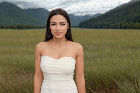 a realistic photo of grinning alexandriaocasiocortez woman wearing a beautiful strapless dress standing in a grassy field with mountains and storms in the background <lora:aoc-1.0:1>