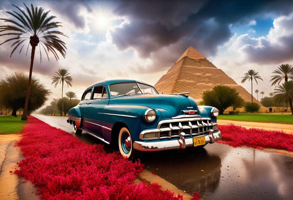 cinematic photo of 1950 Chevrolet Deluxe, magnificent three pyramids of Giza appear clearly, charm, highly detailed car, Professional lighting, full of life, Lively and energetic, 8K, rays of sun flow beyond heavy clouds, HDR, Fast & Furious movie, motion blur, moving tires, Cinematic Shot, Cinematic Lighting, amazing world, pure perfection, Need For Speed, wide angle exterior background, wet asphalt road, autumn leaves, grass, flowers, jasmine flowers, palm trees, nebula horizon.