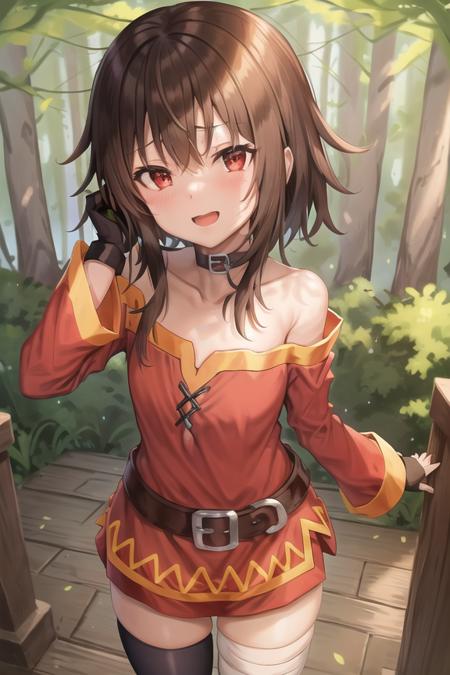 <lora:Megumin v2:0.4>

megumin, kono subarashii sekai ni shukufuku wo!, 1girl, solo, standing, looking at viewer, (no headwear:1.1), brown hair, short hair with long locks, red eyes, blush, open mouth, smile, black choker, collarbone, flat chest, off-shoulder dress, dress, red dress, long sleeves, black gloves, fingerless gloves, belt, brown belt, gold trim, zettai ryouiki, skindentation, (asymmetrical legwear:1.4), mismatched legwear, (bandaged leg:1.3), black thighhighs, hands on own face, 

(forest:1.4) 
<lora:Nasu - Style:0.7>