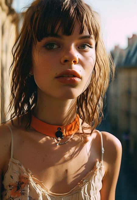 beautiful photo of a girl towards the camera, full body, hyper realistic, 8 k, dslr, 3 mm, highly detailed photograph, 1970s girl, Paris roofs background, photographed by Robert Capa, realism