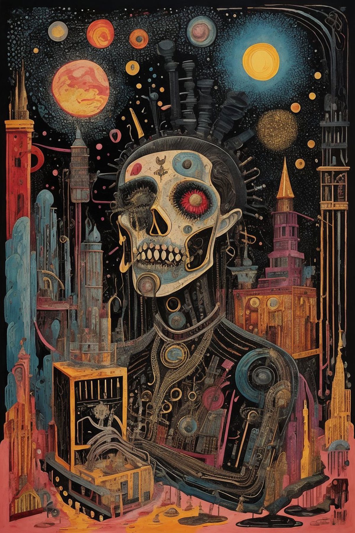 A nighttime scene of a skeleton with a city skyline in the background.