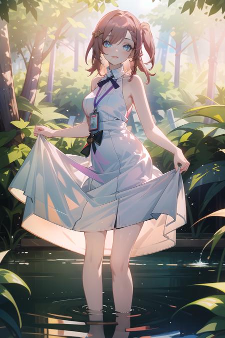 1girl, asta \(honkai: star rail\),  (sundress, white dress, sleeveless dress:1.2), bare legs, stream, wading, (skirt hold, curtsey: 1.2), looking at viewer, laughing, forest, depth of field, (extremely detailed CG unity 8k wallpaper,masterpiece, best quality, ultra-detailed, beautiful detailed eyes:1.2)