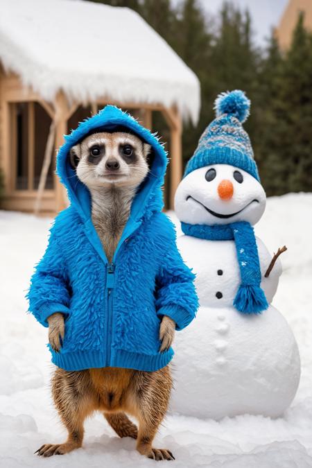 candid photo of an (anthropomorphic meerkat) wearing a blue furry animal hoodie with ears,  a fluffy hoodie sweater,  standing next to a snowman,  background is a winter wonderland,<lora:EMS-57135-EMS:0.600000>