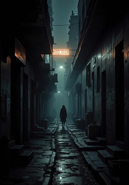 A dark, moody urban alley at night, illuminated only by a faint neon glow from a distant sign. The scene is wet from recent rain, with puddles reflecting the dim light. Graffiti covers the walls, and a lone figure stands under the shadow of a dilapidated building. The atmosphere is tense, with soft mist rolling through the alley, adding a sense of mystery and danger. The style is cinematic, with deep contrasts and a touch of noir.