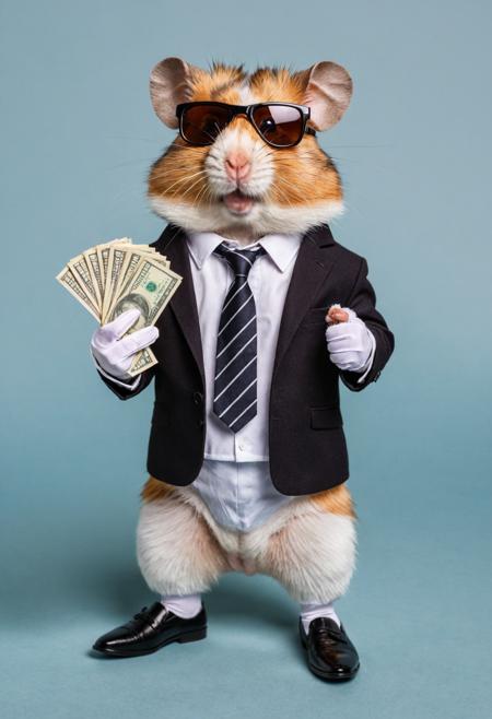 a hamster with a human body, he is a businessman in a business suit, wearing gloves with shoes and wearing sunglasses, holding banknotes in his hands