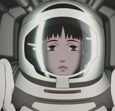 a young girl in a space suit looking at something in the distance with a helmet on her head and hands on her chest, 1girl, solo, mole, looking_at_viewer