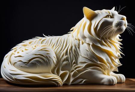 a majestic feline creature crafted from delicate, layered swis cheese,  blending culinary realism with dreamlike, biomorphic forms, reminiscent of Old Masters and surrealist art