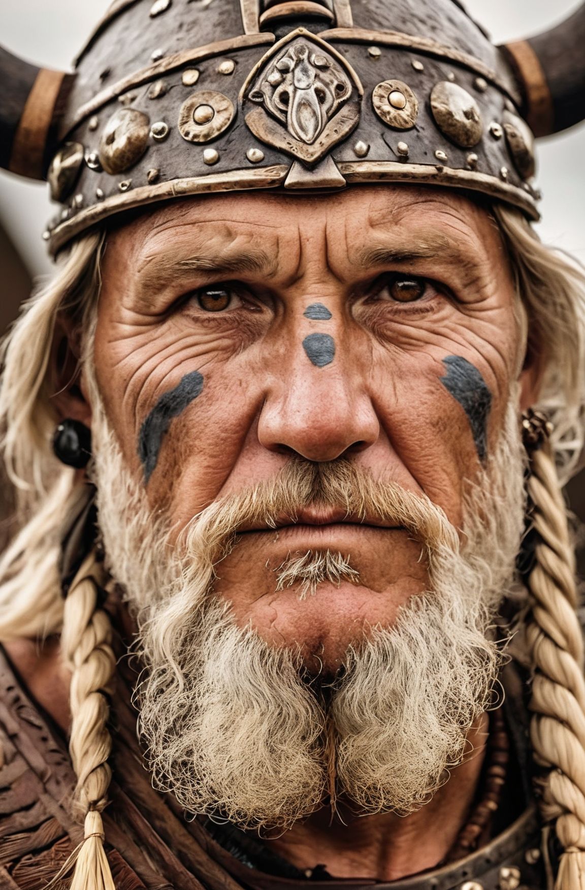 a viking warrior, semi-profile, wrinkled face, bright brown eyes, weathered skin, highly detailed, war paint, war bonnet,